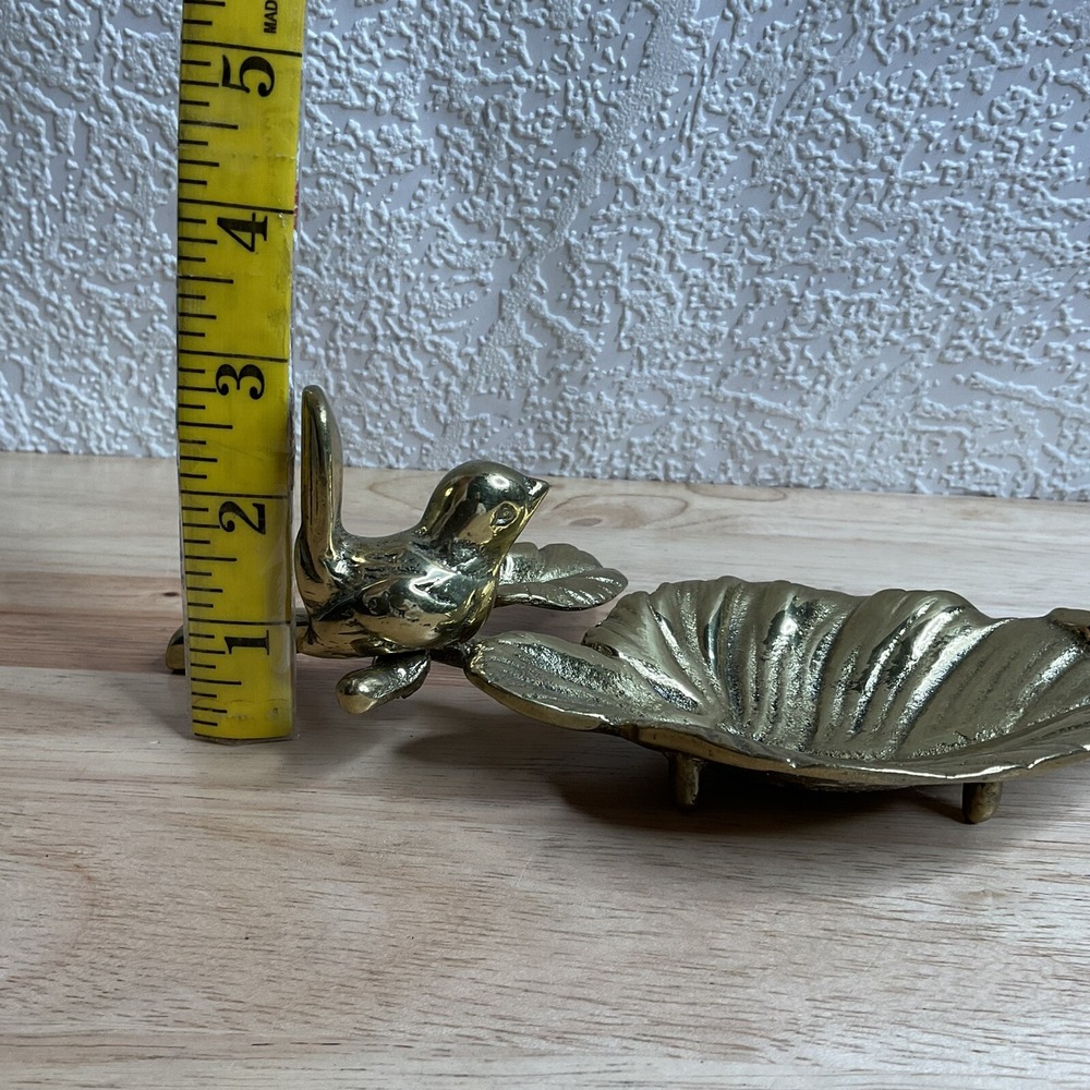 Vintage Gold  Brass Trinket Dish Jewelry Holder Leaf Small Bird Water Bowl - Picture 13 of 15